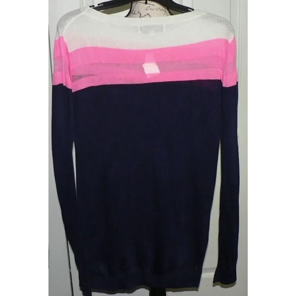 John + Jenn Lightweight Sheer Stripe Sweater Mini Dress Navy/Pink/Wht Medium $99